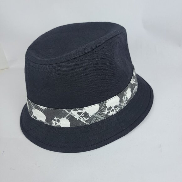 Mens Black Short Brimmed‎ Fedora Hat Cap Edgy Punk Skull Androgynous - Picture 5 of 8